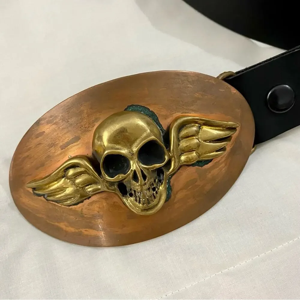 Chosen by King Baby Flying Skull Wing Biker Copper Brass Buckle‎ Belt Mens Sz 38